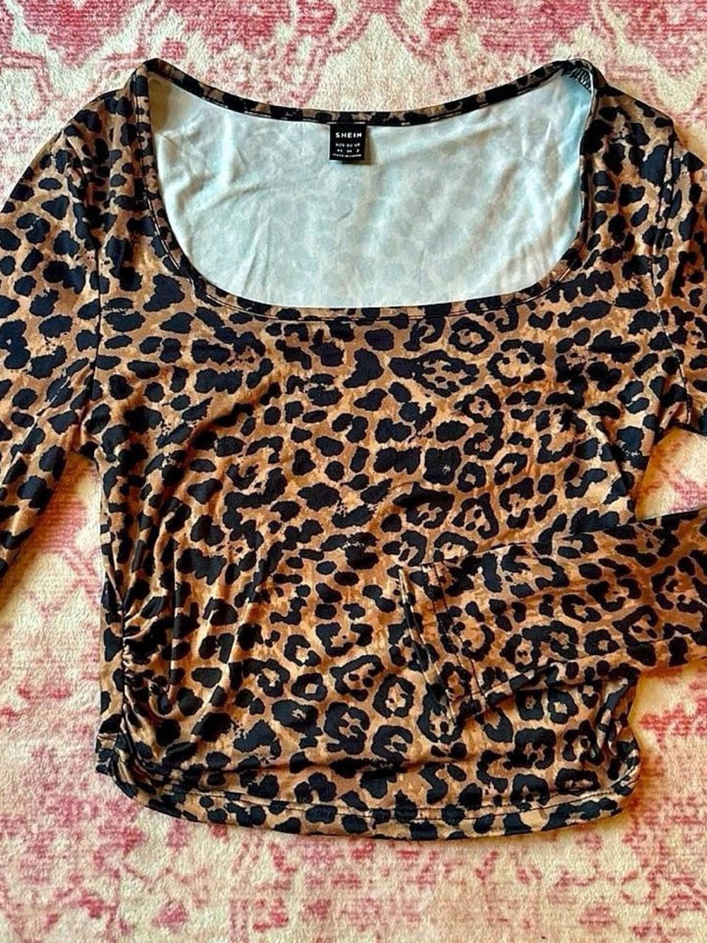 SHEIN Leopard Print Long Sleeve Scoop Neck Top - Brown & Black